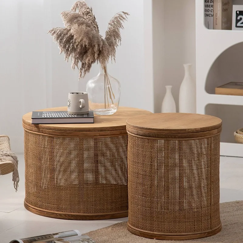 Japanese-style Chinese round cylinder solid wood rattan coffee table living room tatami simple sofa side table glass small tea t