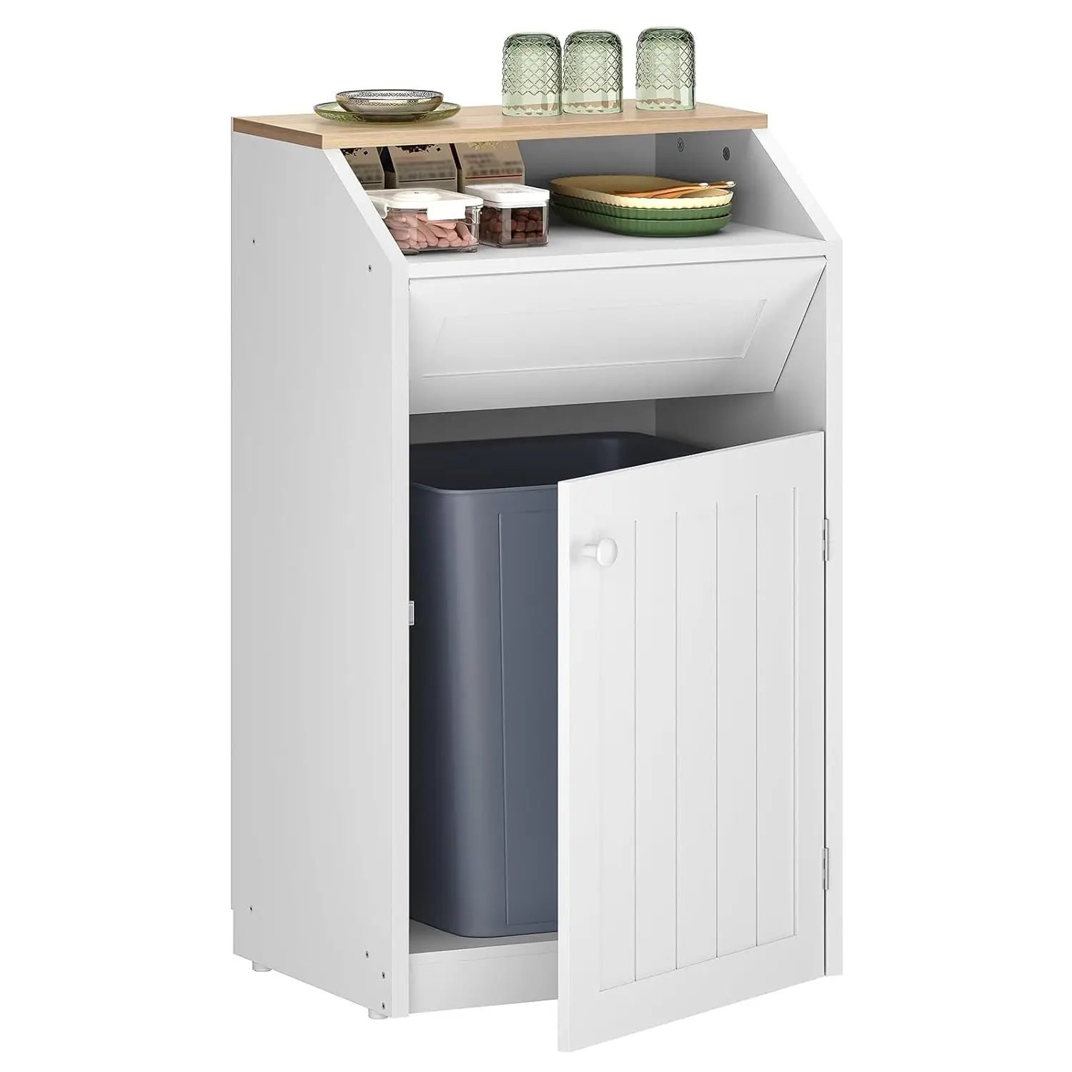 

Freestanding Trash Cabinet with Flip Door, Hidden Kitchen Garbage Can, White Wooden Recycling Storage for Laundry