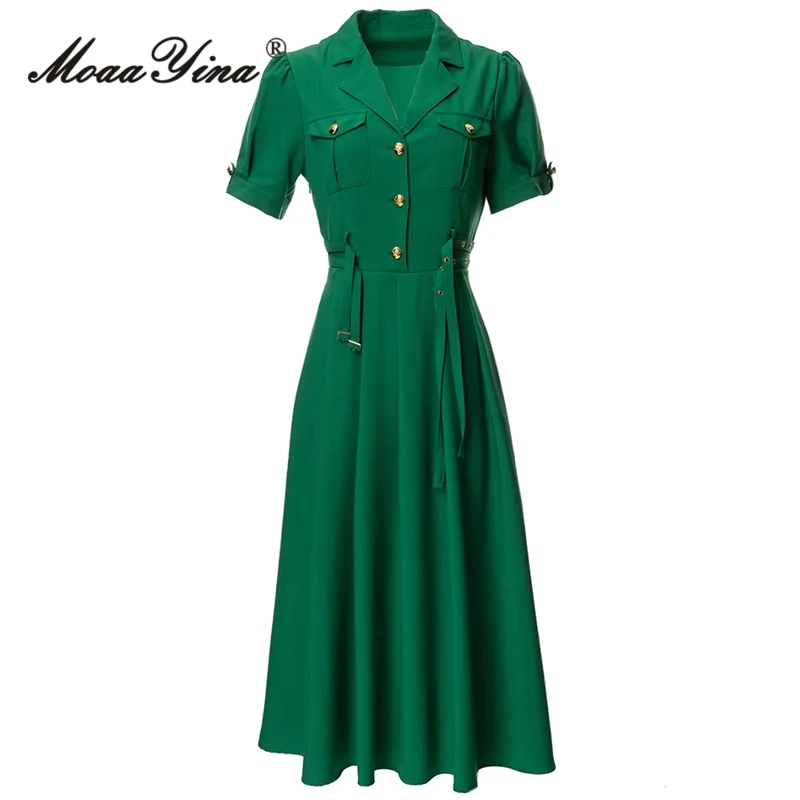 MoaaYina Summer Fashion Designer Vintage Dress Women's Holiday Turn-down Collar Multi Pocket Button Sashes Green Long Dress