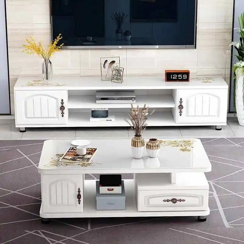 Modern TV Stand and Coffee Table Set with Glass Top for Living Room Panel Wood Style