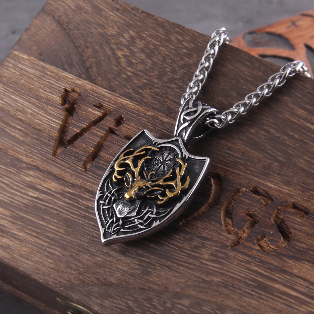Viking Stainless Steel Deer Head Shield and Signpost Vegvisir Necklace Men's Charm Amulet of Odin Pendant Jewelry with box