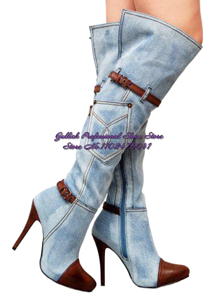 Light Blue Denim Pocket Knee High Boots Brown Matte Leather Pointed Toe Patchwork Tall Boots Belt Buckle Splited Jeans Shoes