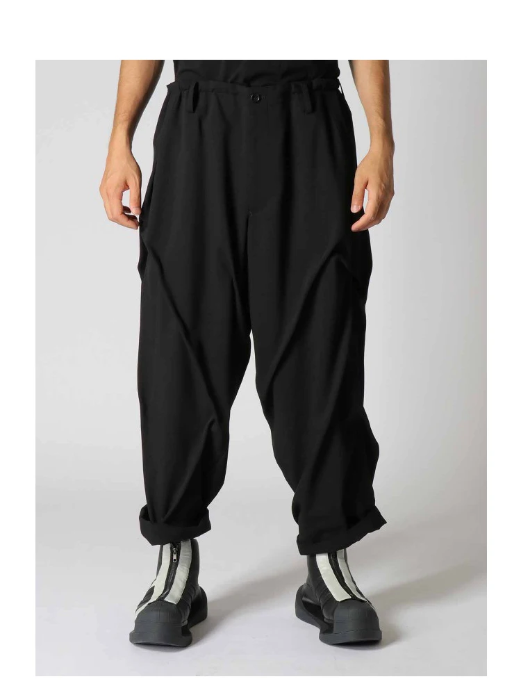 

Fold Wide Leg Pants Elastic Waist Pants Yamamoto-Style Homme Pants For Man Casual Trousers Owens Men‘S Pants