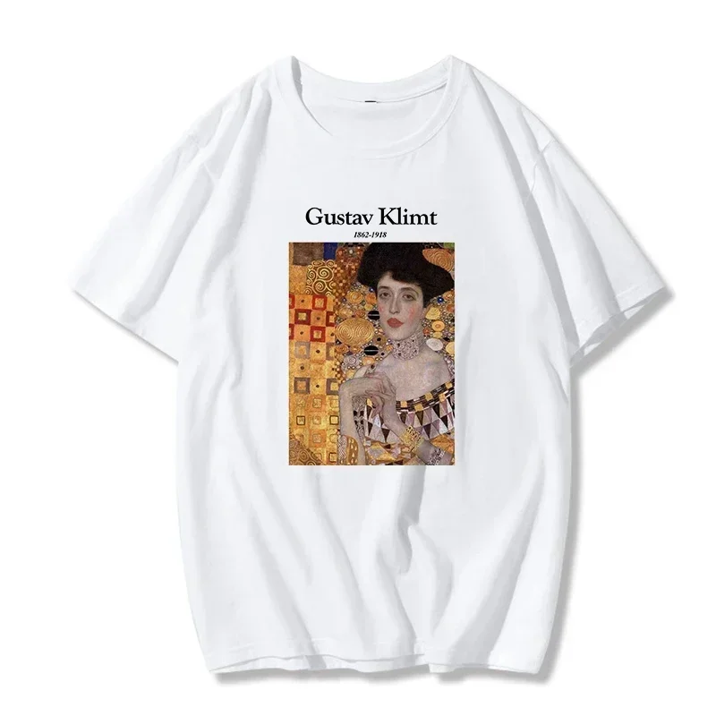 Gustav Klimt-T-shirt carta impressão das mulheres, chique, padrão Harajuku, arte, pintura a óleo, top vintage, moda casual, verão, novo