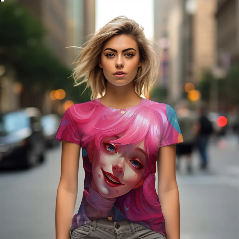 Summer ladies T -shirt Pink hair beauty 3D printed lady T -shirt leisure ladies T -shirt fashion trendy loose ladies T -shirt