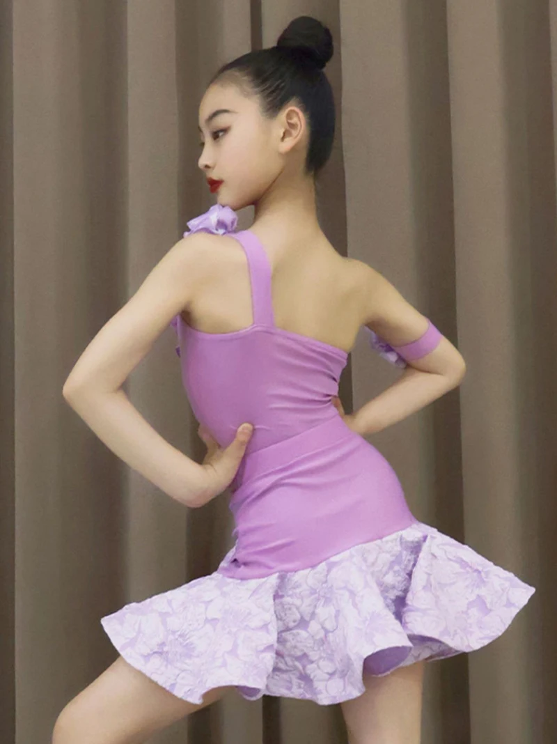 Kids Girls One Shoulder Flower Latin Dancewear Dress Large Skirt Hem Set Advanced Sense Practice Table Performance Clothing