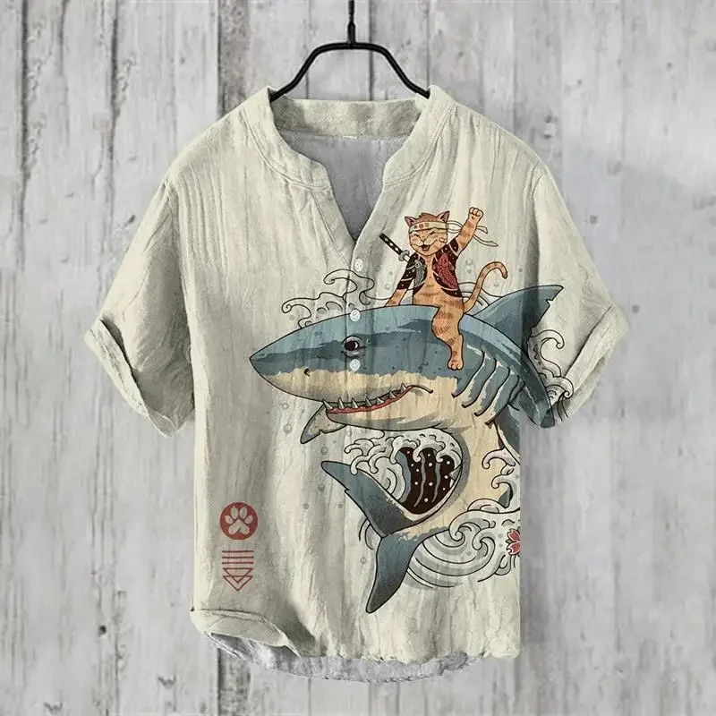 

New printed V-neck short-sleeved shirt foreign trade fashion casual loose T-shirt shirt bamboo linen shirt top S-5XL