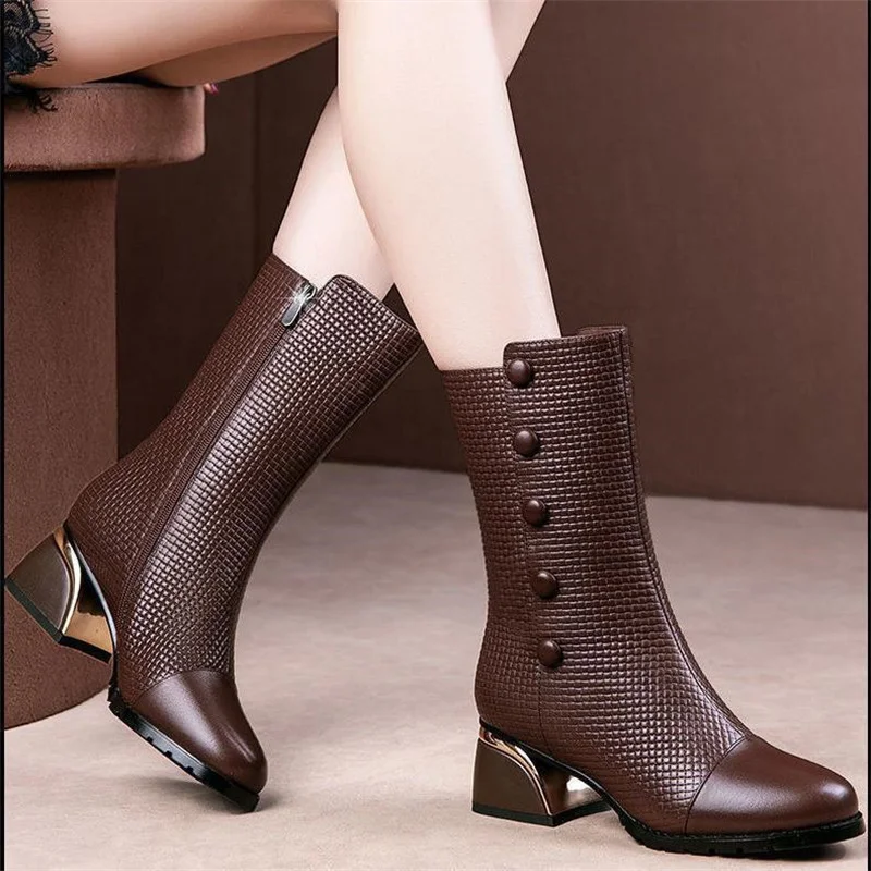 CINESSD 2023 New Winter Leather Fashion Women's Boots Head of Cowhide Pointed Thick Heel Short Boots Dress Gift Sheepskin