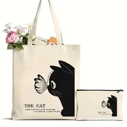 2Pcs Black Cat Butterfly Pattern Printed Handbag, Leisure Travel Beach Bag, Large Capacity Shoulder Shopping Bag