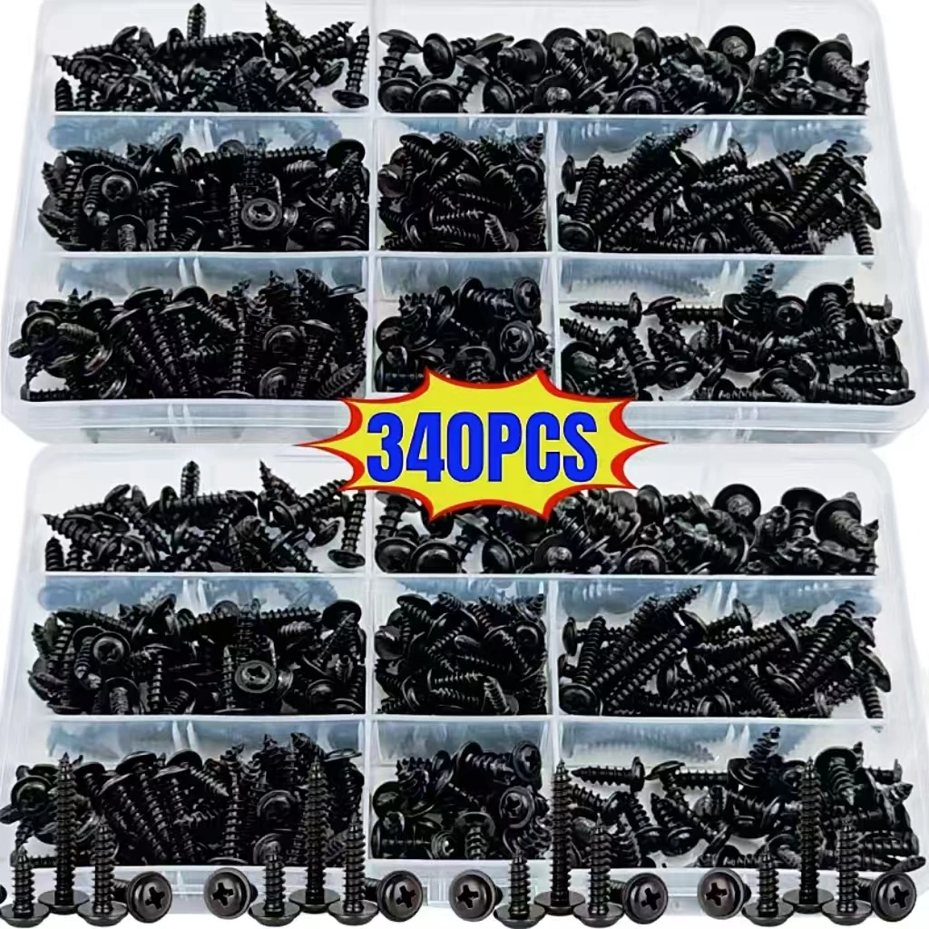 340pcs Self-Tapping Screw Assortment Kit -  Black Carbon Steel Screws with Black Zinc Coating,  for Wood, Plastic, Metal