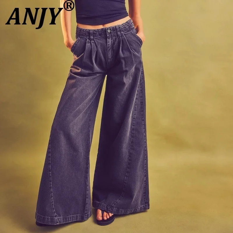 

ANJY, осенние новые женские модные простые элегантные широкие повседневные джинсы, уличная одежда, шикарные трендовые повседневные универсальные джинсовые брюки A15995