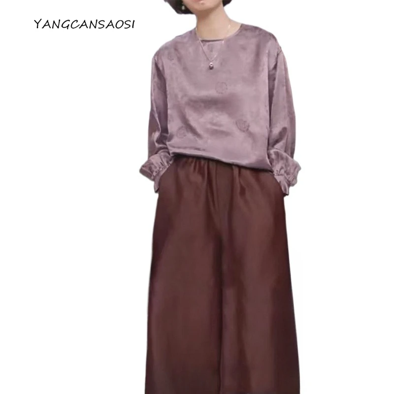 

Women's Fashion Clothing Versatile 100% Natural Mulberry Silk Jacquard Satin Purple Comfortable Long Sleeve Round Neck T-Shirt