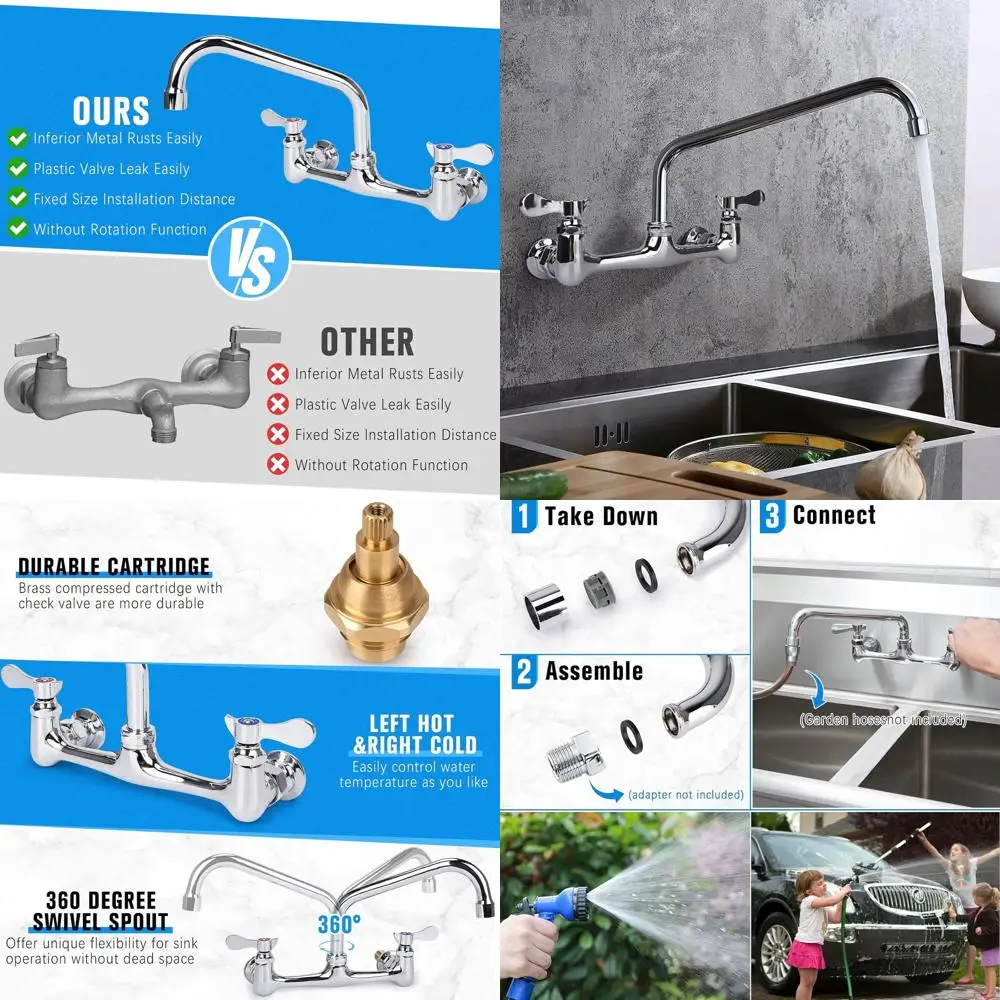

8 Swivel Spout Dual Handle Commercial Kitchen Faucet with Polished Chrome Finish for Utility Sinks in Laundry and Restaurant Set