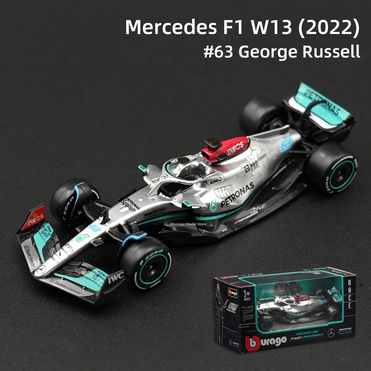 Bburago 1:43 2022 Mercedes AMG W13 F1 Formula Racing Car Static Simulation Diecast Alloy Model Car