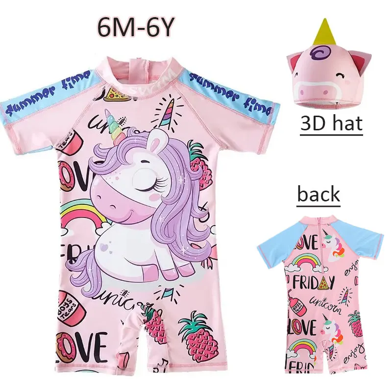 

6-24M Baby Girls Pink Unicorn Print One-Piece Swimwear Swimsuit 2-6Y Toddler Kids Child Beachwear Bathing Suit With 3D Cap