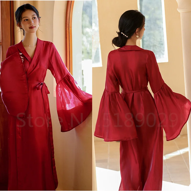 Elegant Pink Long Robe Wedding Bride Bathrobe Gown Women Sexy Flare Sleeve Kimono Nightgown French Style Loungewear New Spring