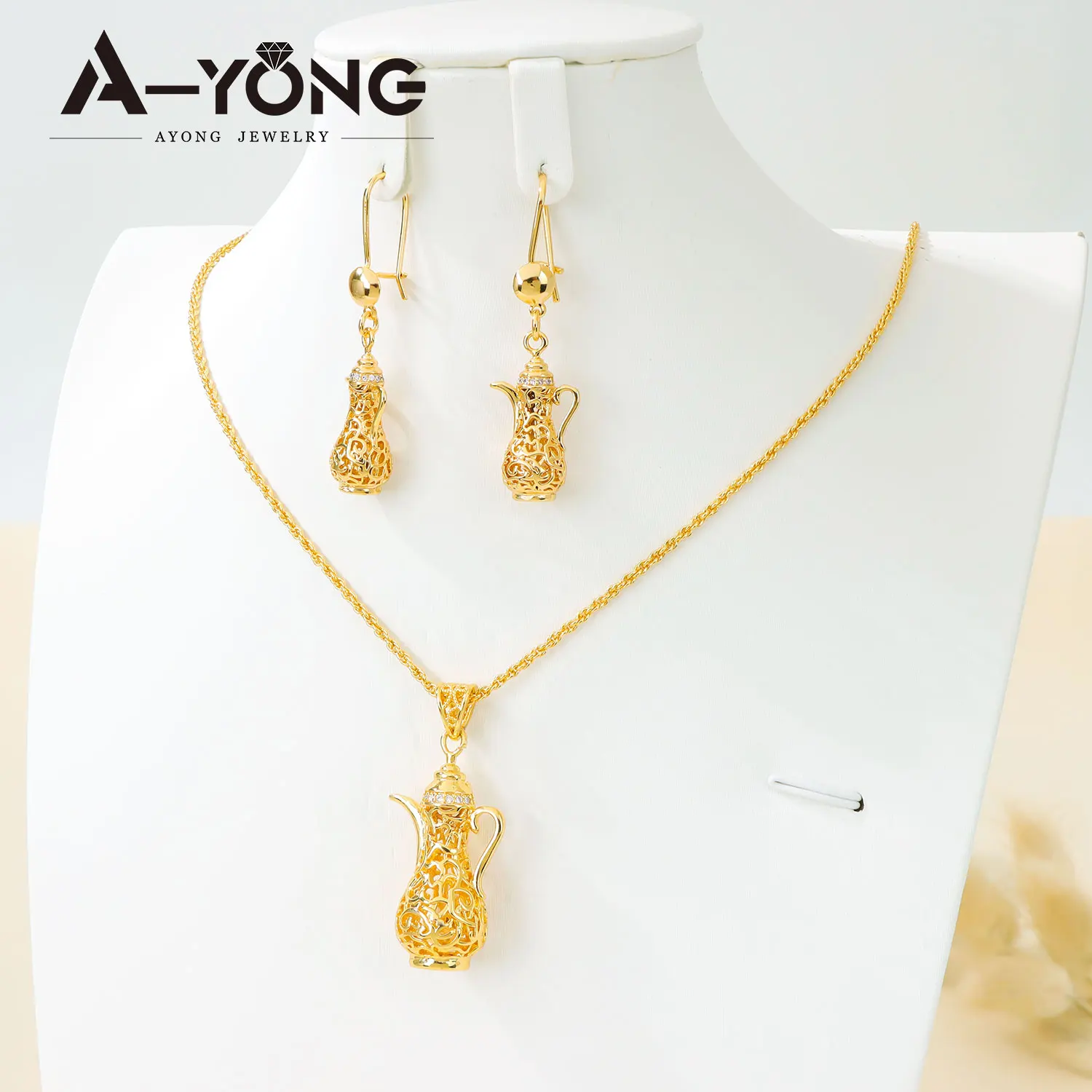 Arabisches Modeschmuck-Set 21k Vergoldet Äthiopische Exquisite Teekanne Halskette Ohrringe Dubai Damen Eid Event Party Schmuck – Detail 4
