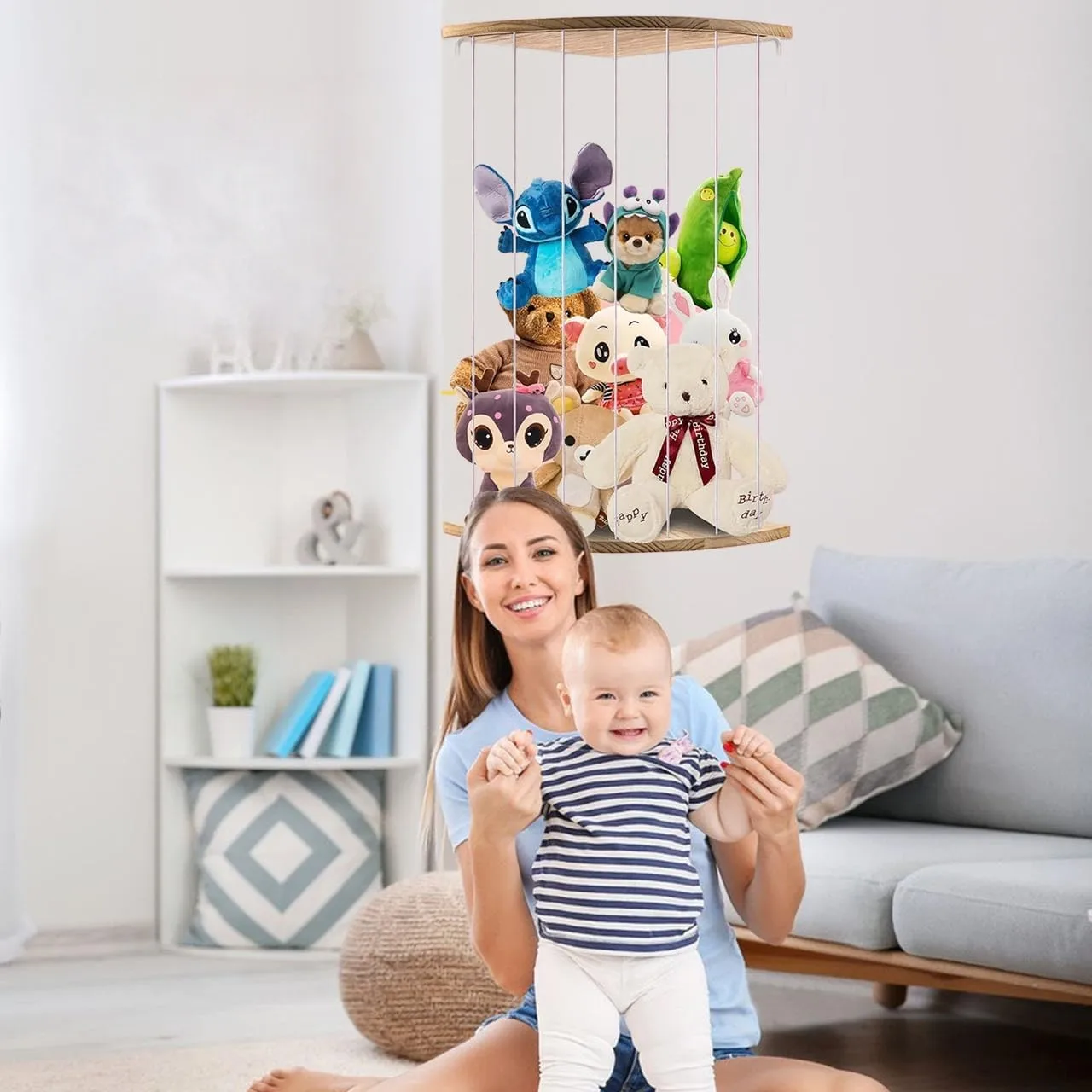 Immagine 3: Organizzatore per peluche, scaffale angolare in legno, contenitore per mascotte, cesto portaoggetti per giocattoli e libri per la cameretta dei bambini
