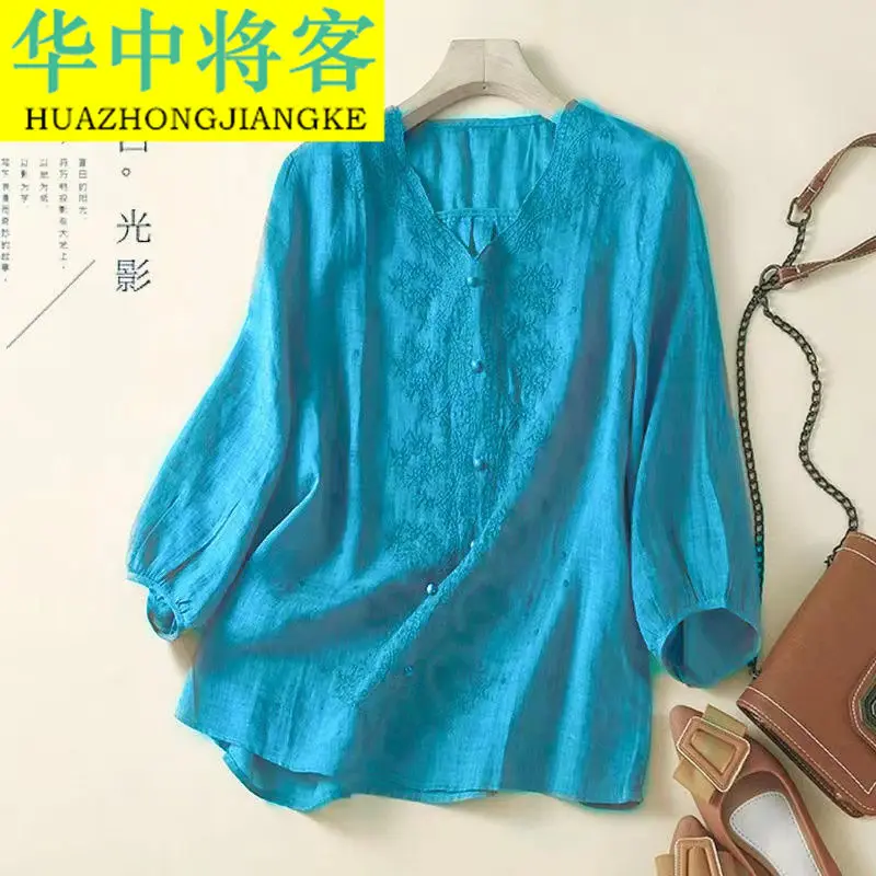 تي شيرت بأكمام سبعة أرباع فضفاض مناسب للتخسيس للأمهات في منتصف العمر ورقبة على شكل حرف v ملابس صيفية بلوفر رفيع