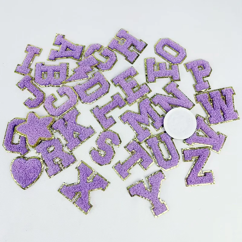 Purple Letters Sticker Patch Alphabet Towel Embroidered Chenille Patches for Clothing Bags Jacket Stick on Accessories Applique