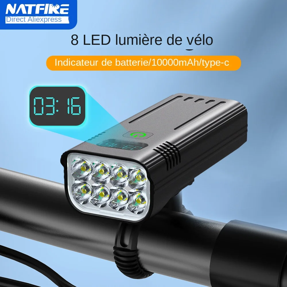 NATFIRE 10000mAh lumière de vélo avec indicateur de batterie USB ensemble d'éclairage de vélo Rechargeable 8 lampe de poche LED
