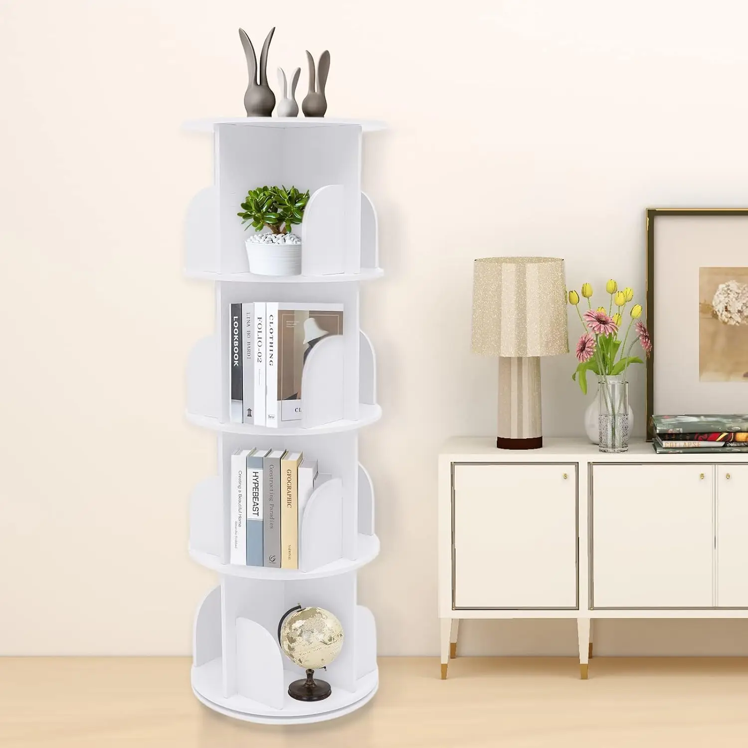 2-Tier Rotating Bookshelf Tower, Corner Spinning Bookcase, 360° Revolving Storage Organizer, Floor Display Shelf for Bedroom & L