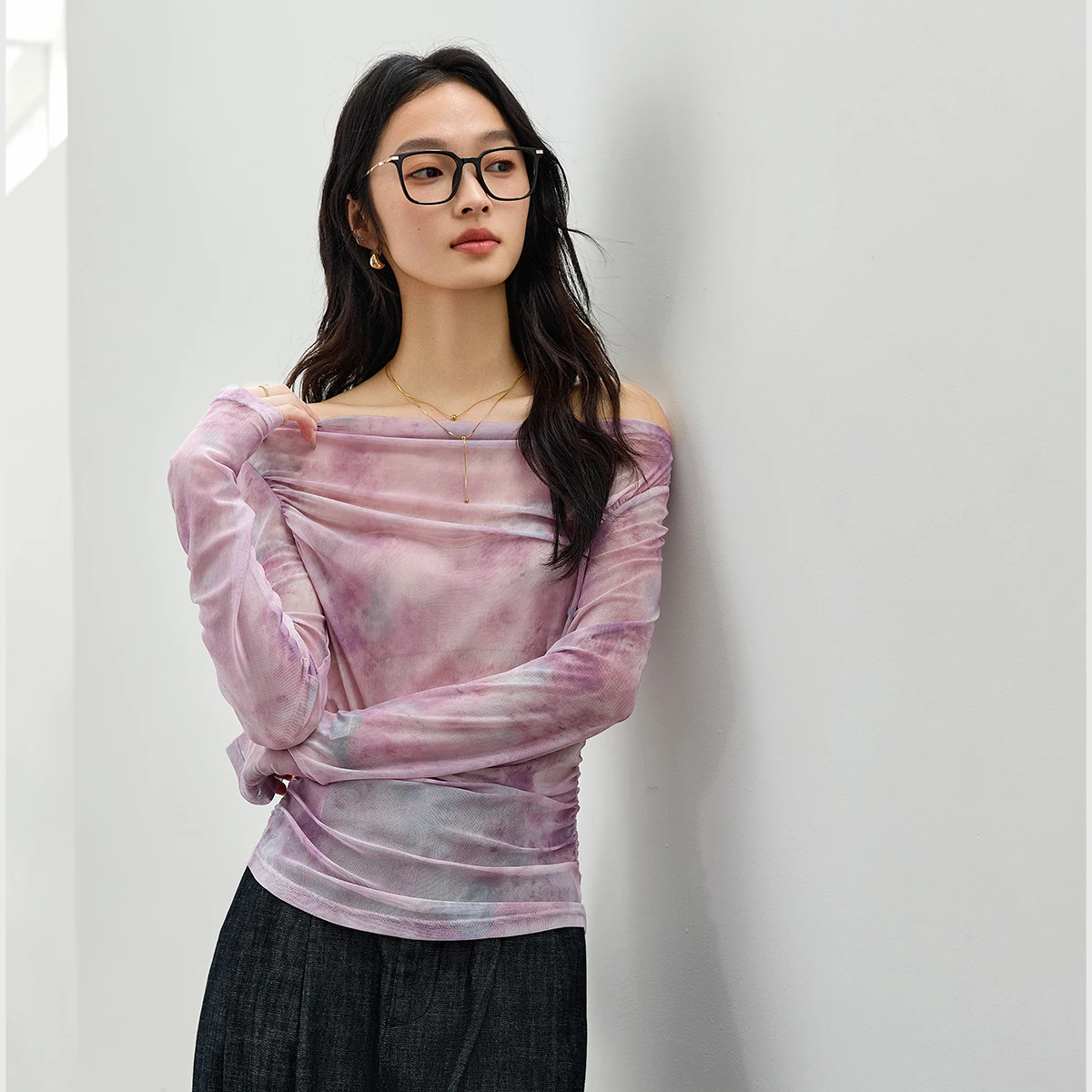 VIMLY vrouwen Gedrukt Mesh T-shirt Dames Elegante Tops 2025 Mode Slim-fit Lange Mouw T-shirt voor Vrouw kleding A0085