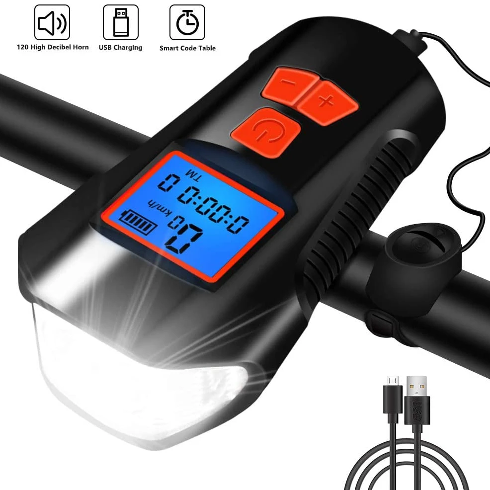 Multi-Function Night Riding Bicycle Light Speedometer LCD Display Odometer Rechargeable Bike Headlight Cycling Alarm Bell Horn