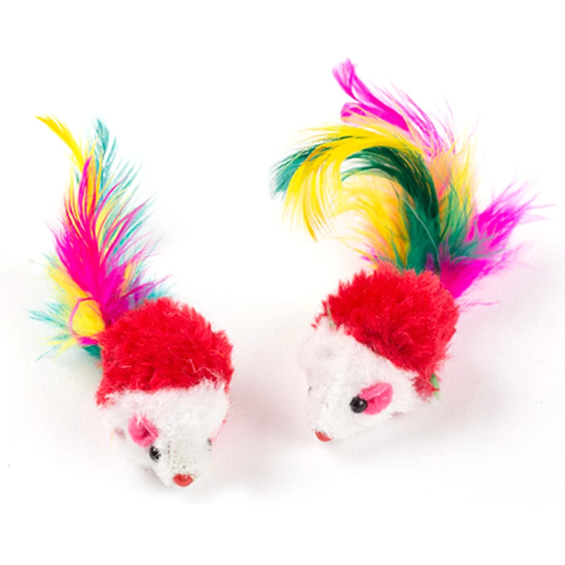 Cute Mini Soft Fleece False Mouse Cat Toys Colorful Feather Funny Playing Training Toys For Cats Kitten Puppy Pet Supplies