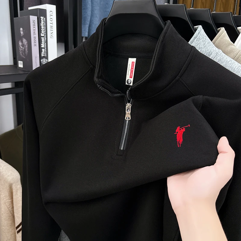 سترة بغطاء للرأس بأكمام طويلة من القطن بنصف سحاب للرجال للخريف/الشتاء؛ قميص داخلي للشباب كاجوال متعدد الاستخدامات ومطرز بطبقة علوية