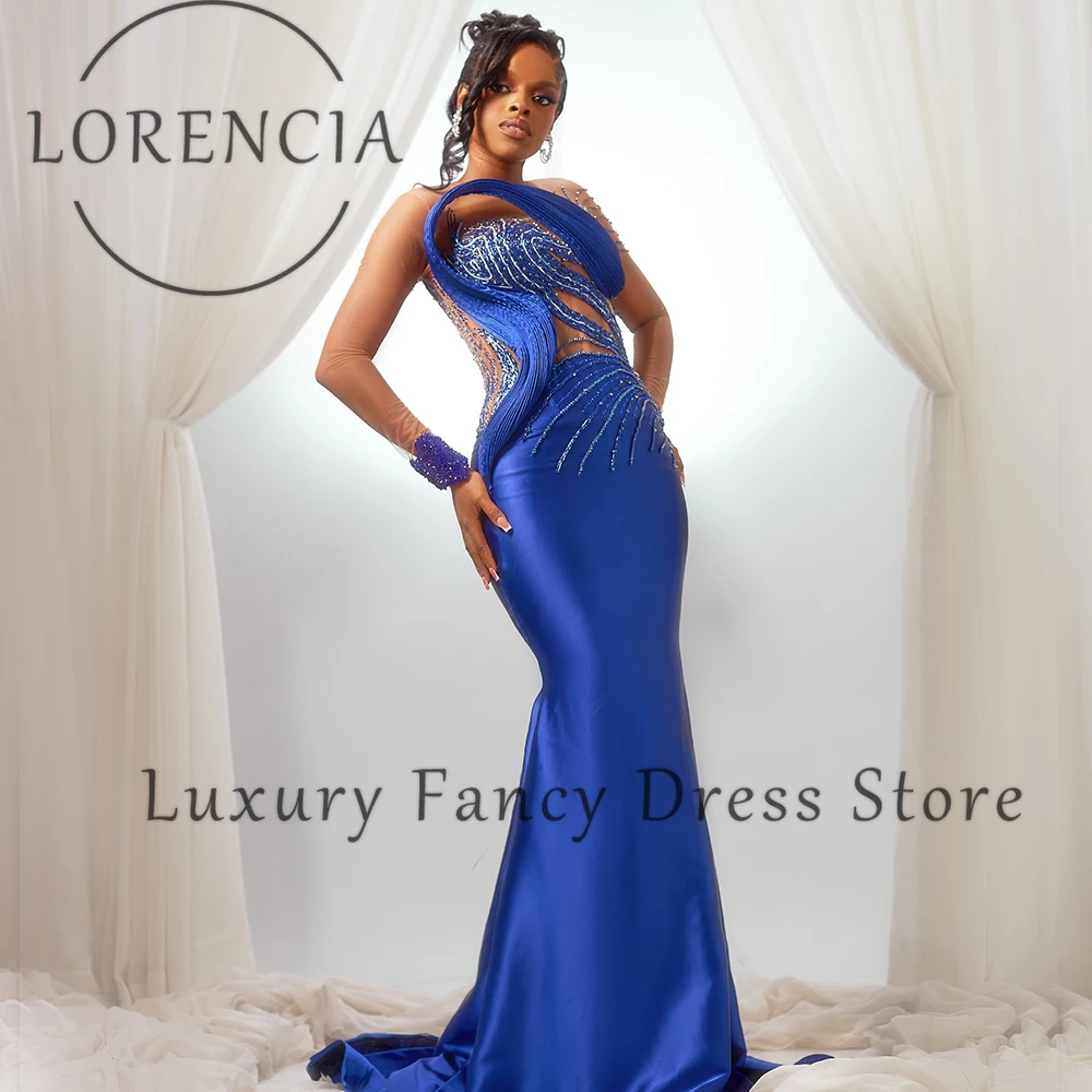 Perles élégantes robes de bal 2025 manches longues sirène robes de soirée personnalisé Court Train col rond robe de soirée dubaï