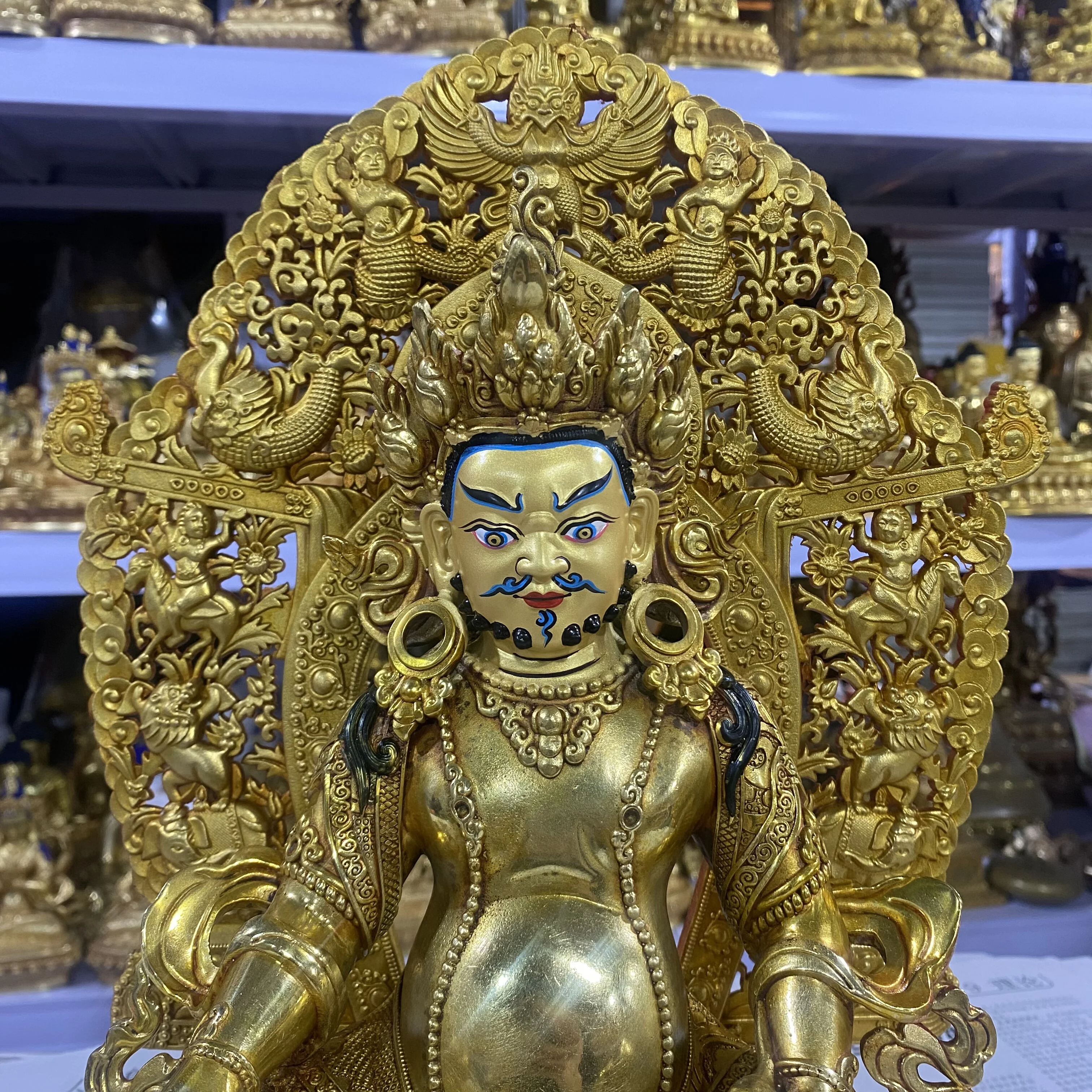 10 inch Tibetan craftsmanship Tibetan Tantra pure copper gilt yellow God of Wealth backlit Buddha statue ornament, home worship