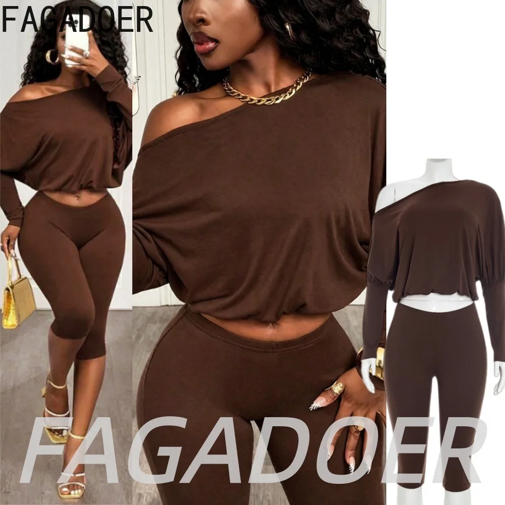 FAGADOER Summer Casual Brown Shorts Two Piece Sets Foer Women Fashion Long Sleeve Batwing Crop Top + Bodycon Shorts Outfits New