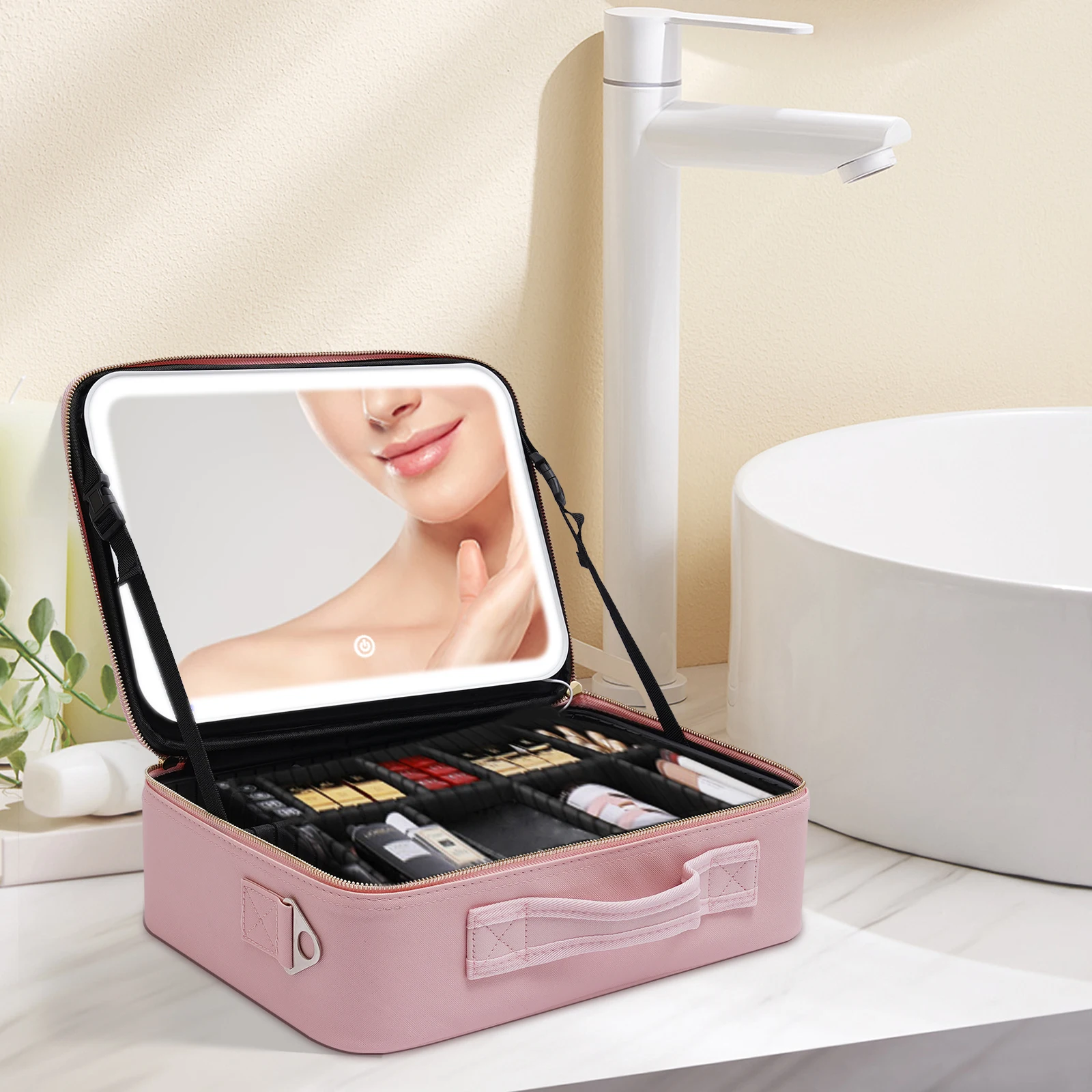 Train Makeup Case with LED Mirror Portable Multifunction for Makeup 3 Color Scenarios Adjustable Large Cosmetic Organizer Storag