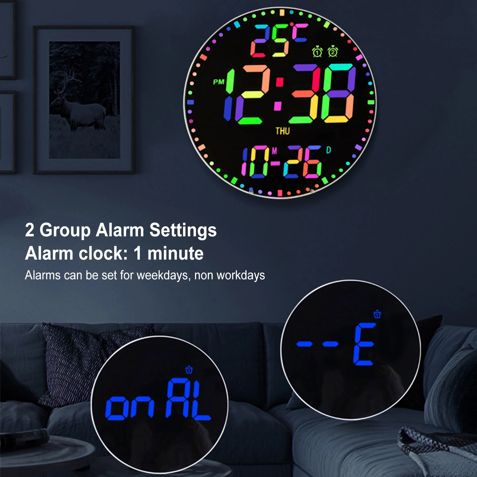 RGB LED Display Wall Clock 11 inch Large Time Calendar Temperature Alarm Clock for Heavy Sleeper With Remote Control for Home