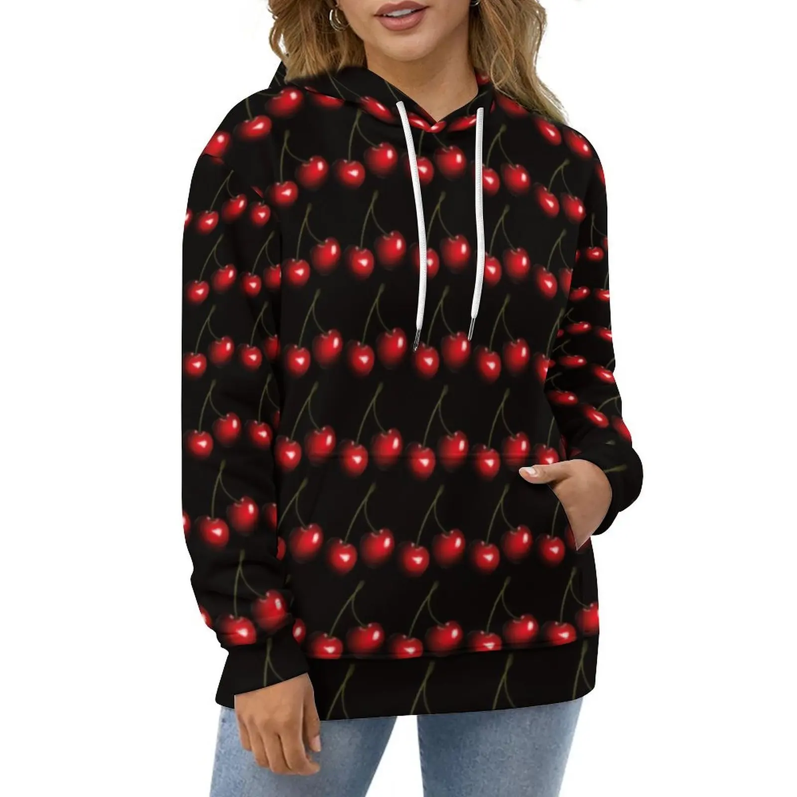 

Red Sweet Cherry Casual Hoodies Natural Fruit Modern Design Loose Hoodie Autumn Long Sleeve Harajuku Oversized Clothing