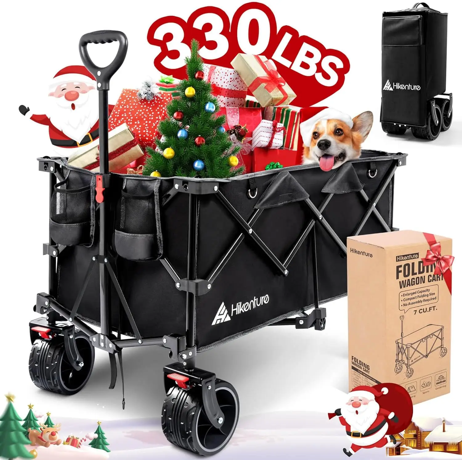 

Collapsible Wagon Cart, 330lbs Capacity Beach Wagons with Big Wheels for Sand, Heavy Duty Foldable Cart with Brakes, Portable Ut