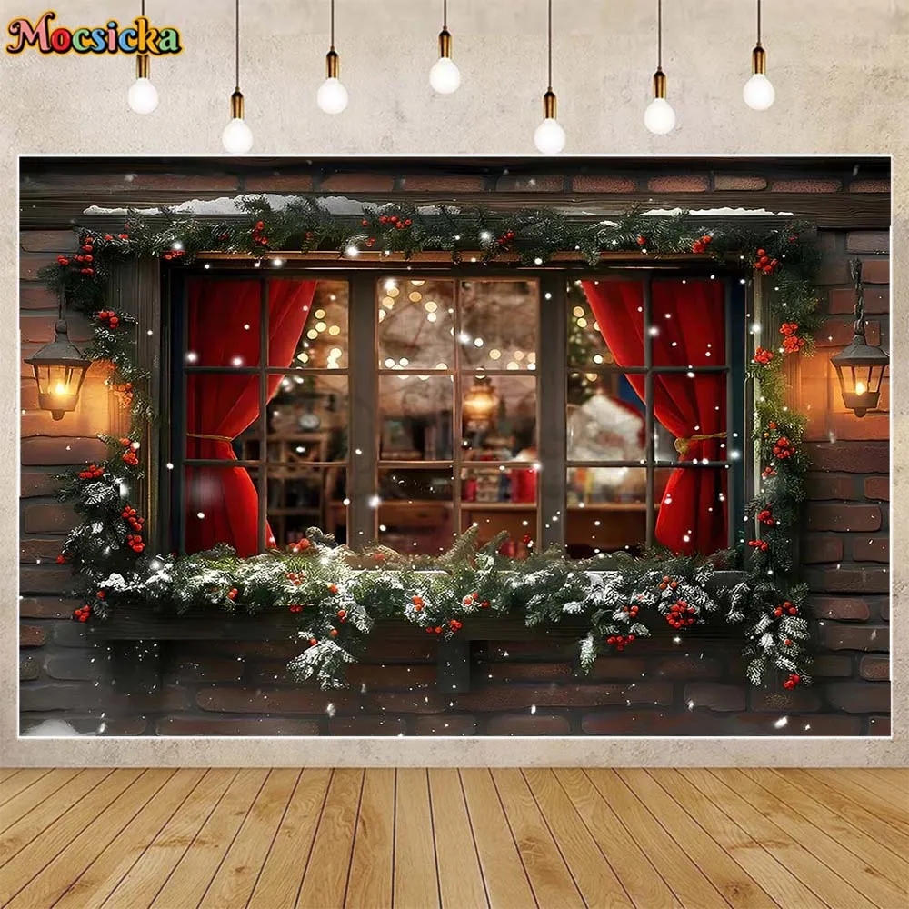 

Mocsicka Photography Background Brick Wall Winter Window Red Curtain Christmas Outdoor Family Portrait Photo Backdrop Photoshoot