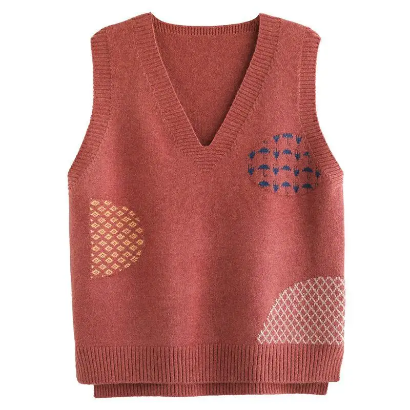 2022 Elegant Fashion V-neck Retro Knitted Vest Female Loose Sleeveless Pullover Jumper Sweater Vest Women Spring Autumn Clothing