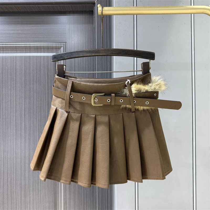 

Waist Leather and Fur Patchwork Design PU Leather Pleated Skirt, Women's Autumn Elegant Slimming Short Skirt, Hot Girl Trendy