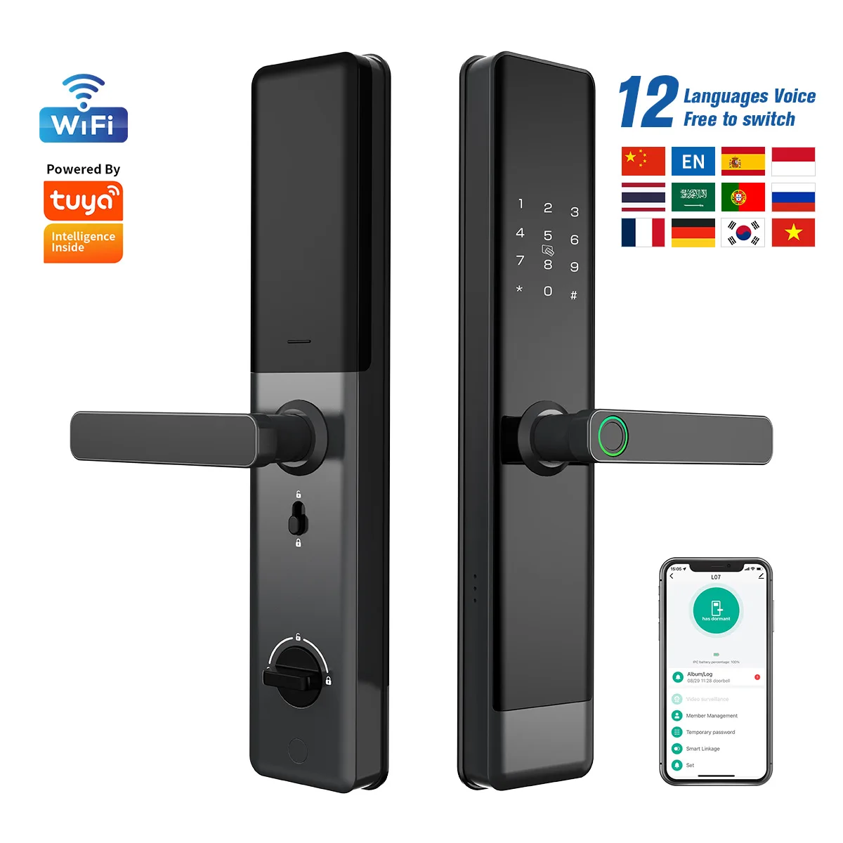 Smart Fingerprint Door Lock, Temporary Password, Card & Key Unlock, Multi‑Language, Compatible with Tuya WiFi Digital Lock
