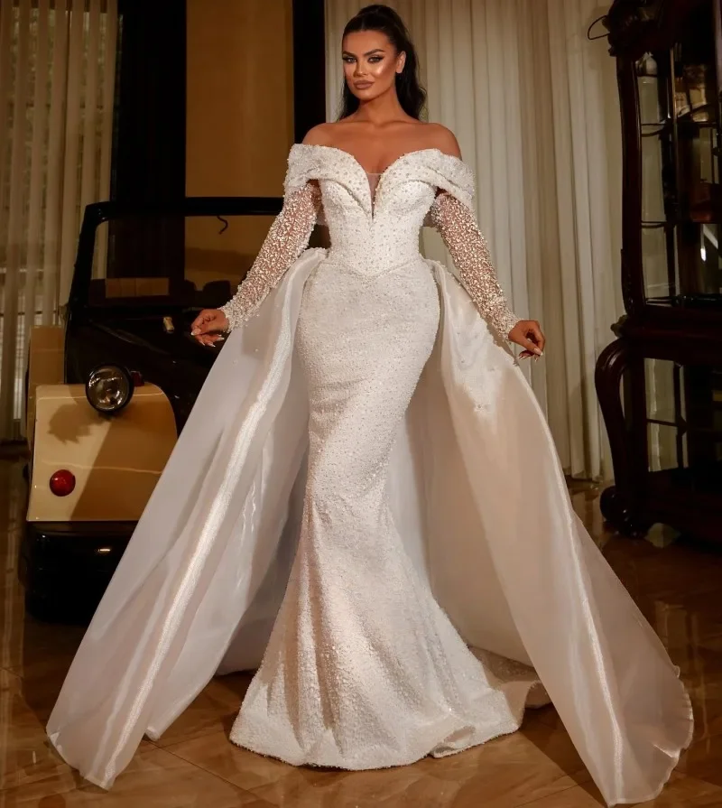 

Customized Exquisite Lace Detachable Train Mermaid Wedding Dresses Arabic Dubai Long Sleeves Off the Shoulder Vestido de novia