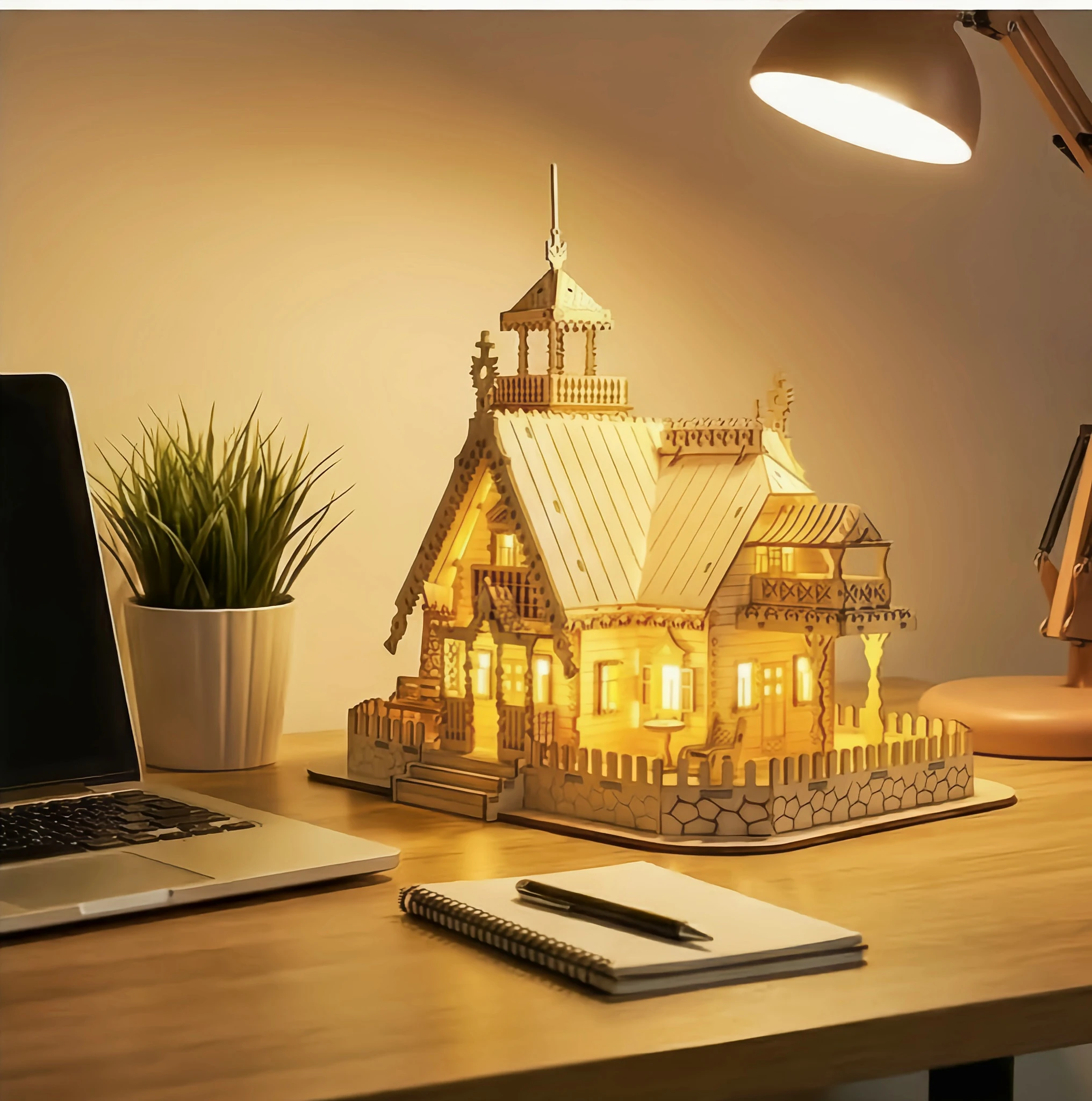 FULLHOT 3D Wooden Villa Model Kit with Light Castle Assembly Toy for Kids & Adults DIY Desktop Decoration Creative Gift Idea