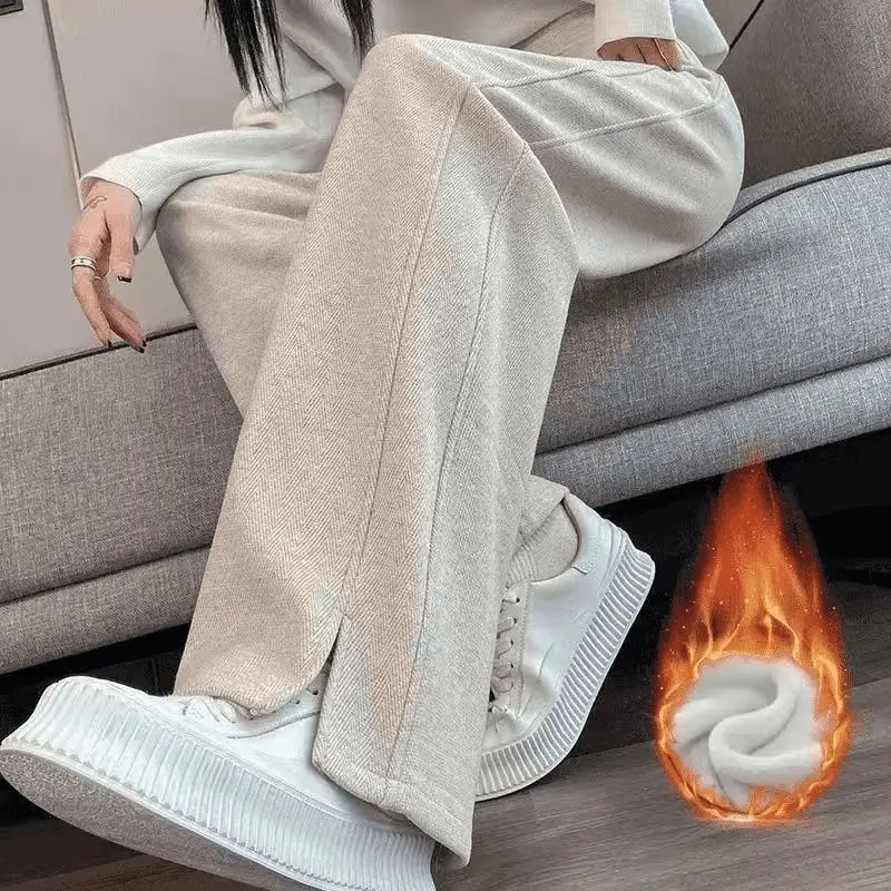 Herringbone Wide Leg Pants Women High Waist Slit Hem Long Trousers Warm Fleece Lined Casual Autumn Winter Ladies Trousers