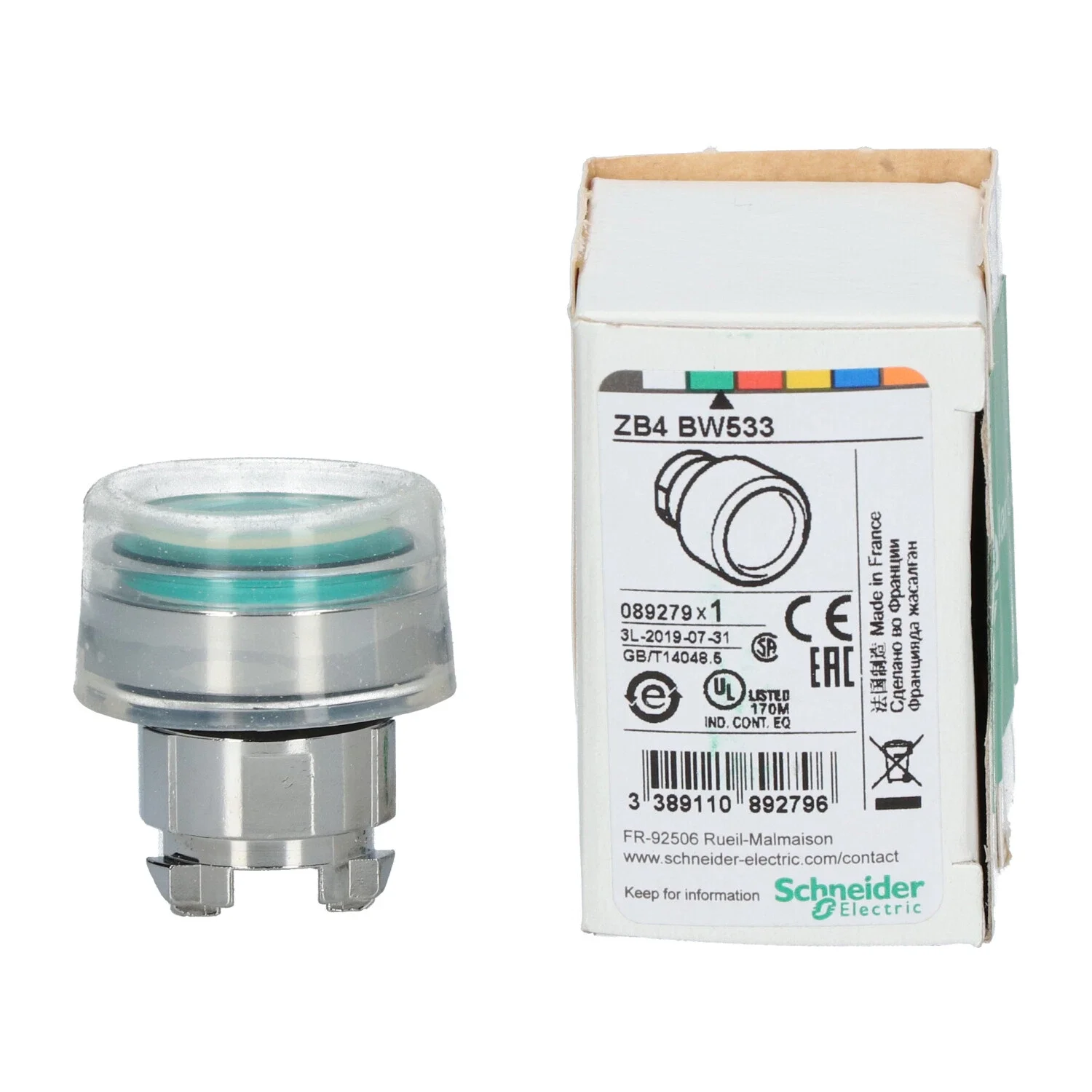 ZB4BW533 Harmony XB4, Illuminated push button head, metal, flush, green, Ø22, spring return, plain lens integral LED, clear boot