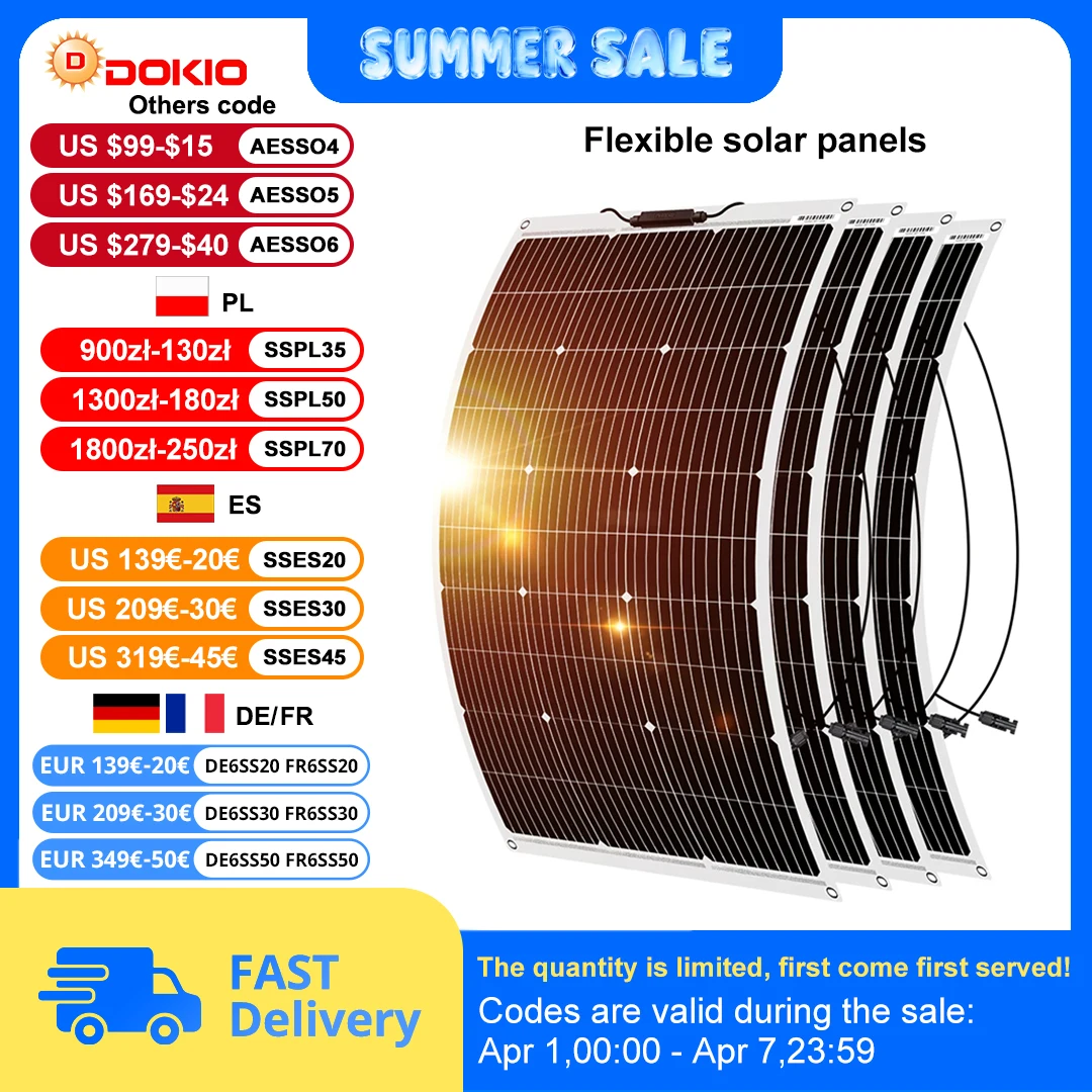 DOKIO 4 pièces 100W panneau solaire 18V panneaux flexibles monocristallins adaptés au camping, installation RV peut charger des piles 12V