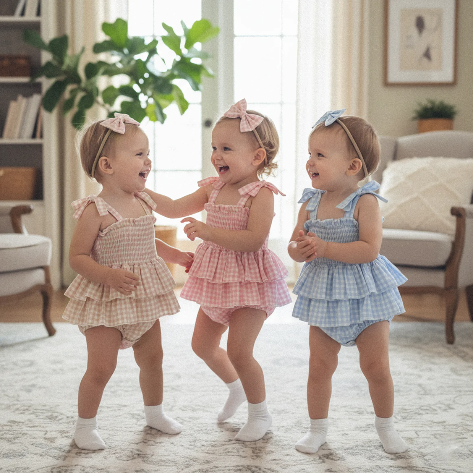 Summer Newborn Baby Girls Casual Rompers Plaid Print Sleeveless Backless Ruffles Layered Jumpsuits Headband Soft Outfits