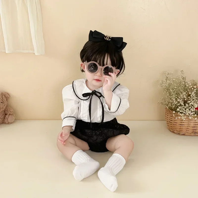 Korean Style New Spring Baby Girl Sets Long Puff Sleeves Peter Pan Collar Bow Bottomed Shirts+Pure PP Shorts Kids Clothing E6811