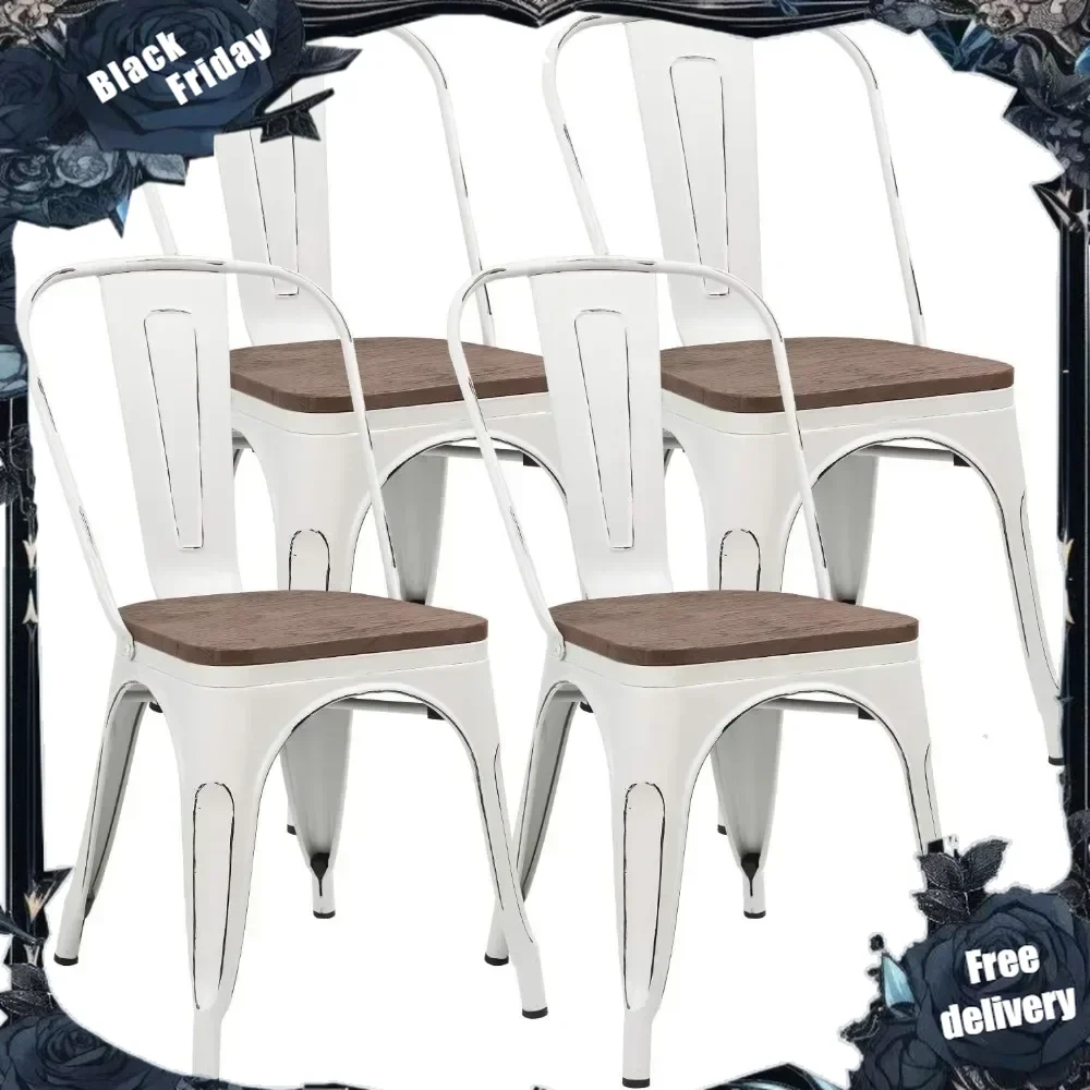 Metal Dining Chair Stackable Industrial Vintage Kitchen Chairs Indoor-Outdoor Bistro Cafe Side Chairs with Back and Wood