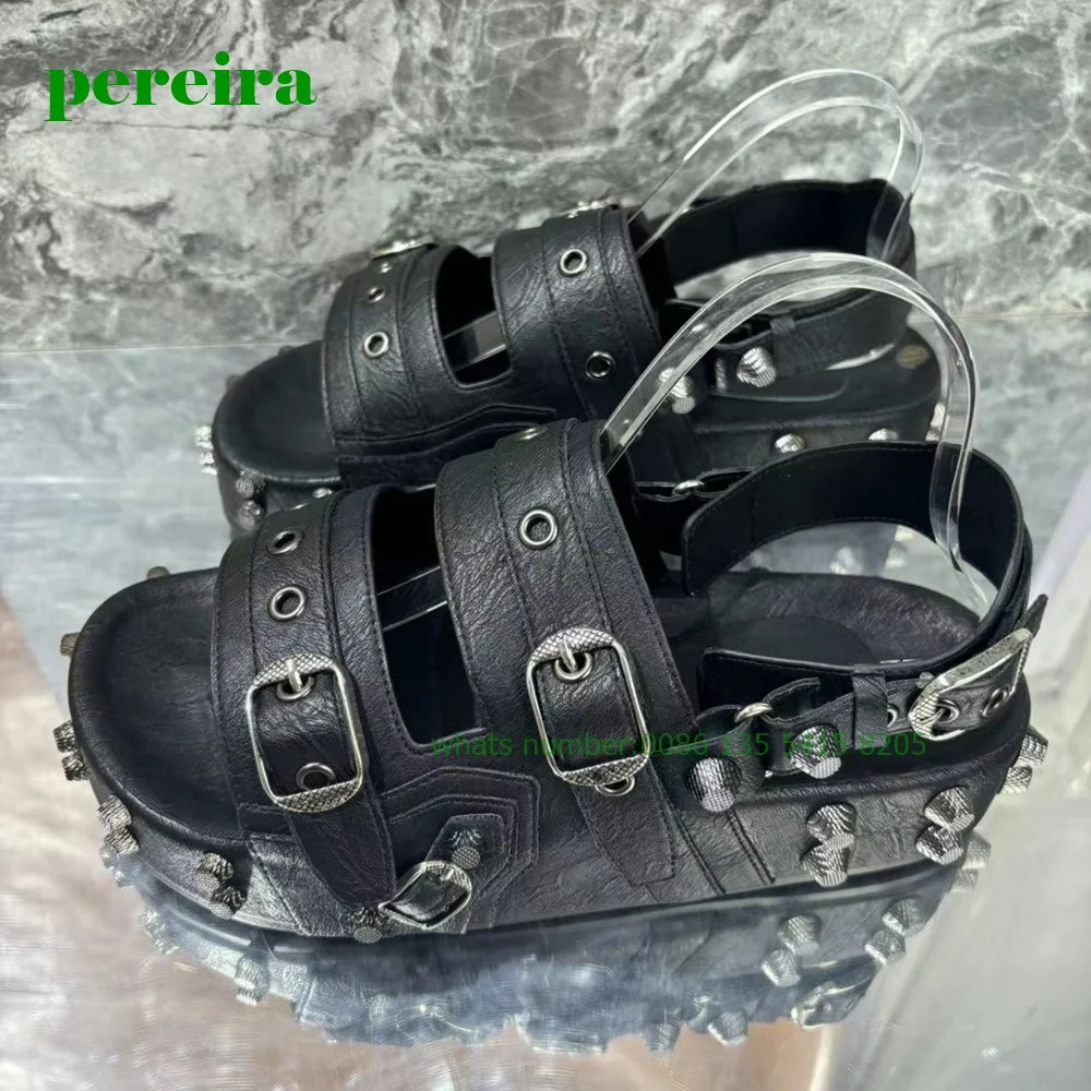 Studded Buckle Men's Sandals Slingback Black Genuine Leather Rivet Shoes Summer Men's Casual Sandals Open Toe Brand New